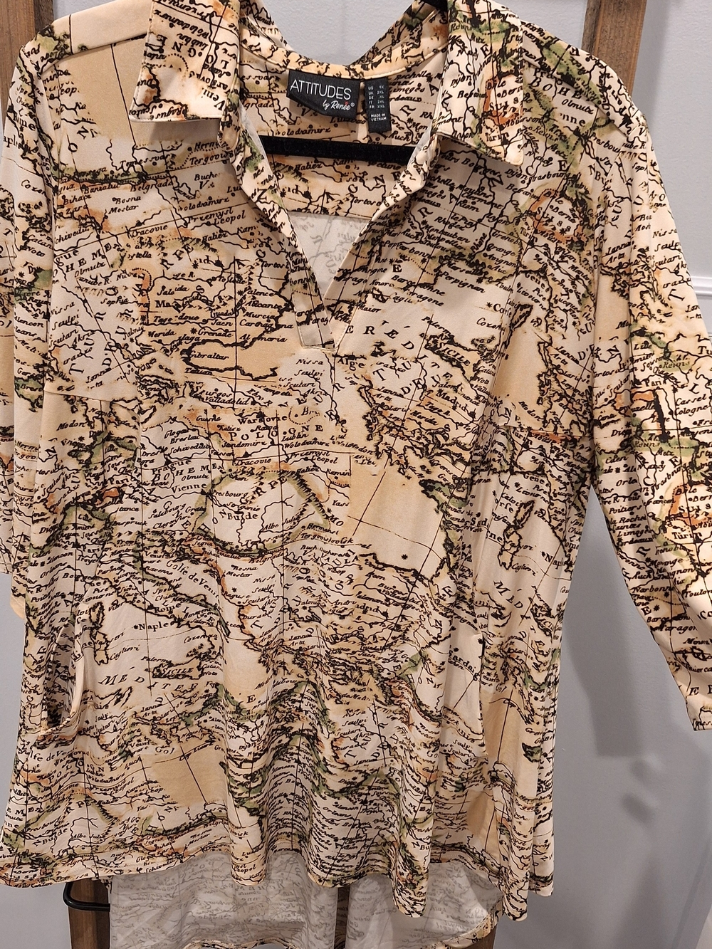 Attitudes by Renee Beige Map-Print Tunic Blouse with Green & Brown Accents